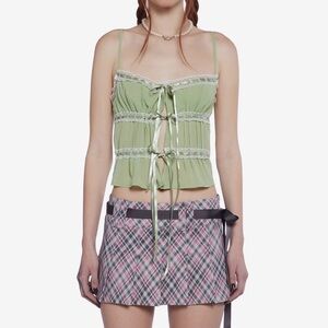 Green Chiffon Lace-Trim Ribbon Tie-Front Cami Tank Top